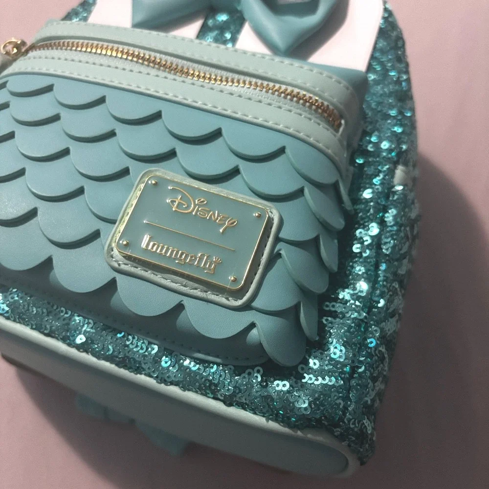 Loungefly Disney Little Mermaid Ariel Sequins Mini Backpack Teal Fork Scales NEW